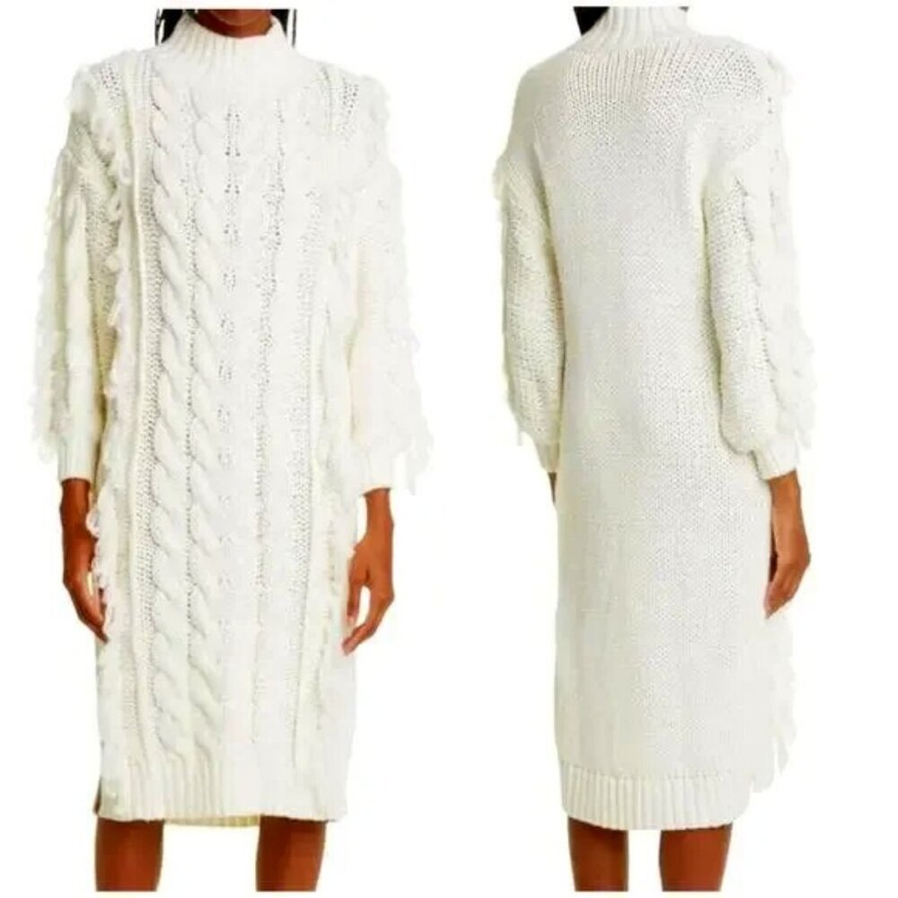 FARM RIO Ivory Cable Knit Fringe Midi Sweater Dress M MSRP $285 - Picture 3 of 10
